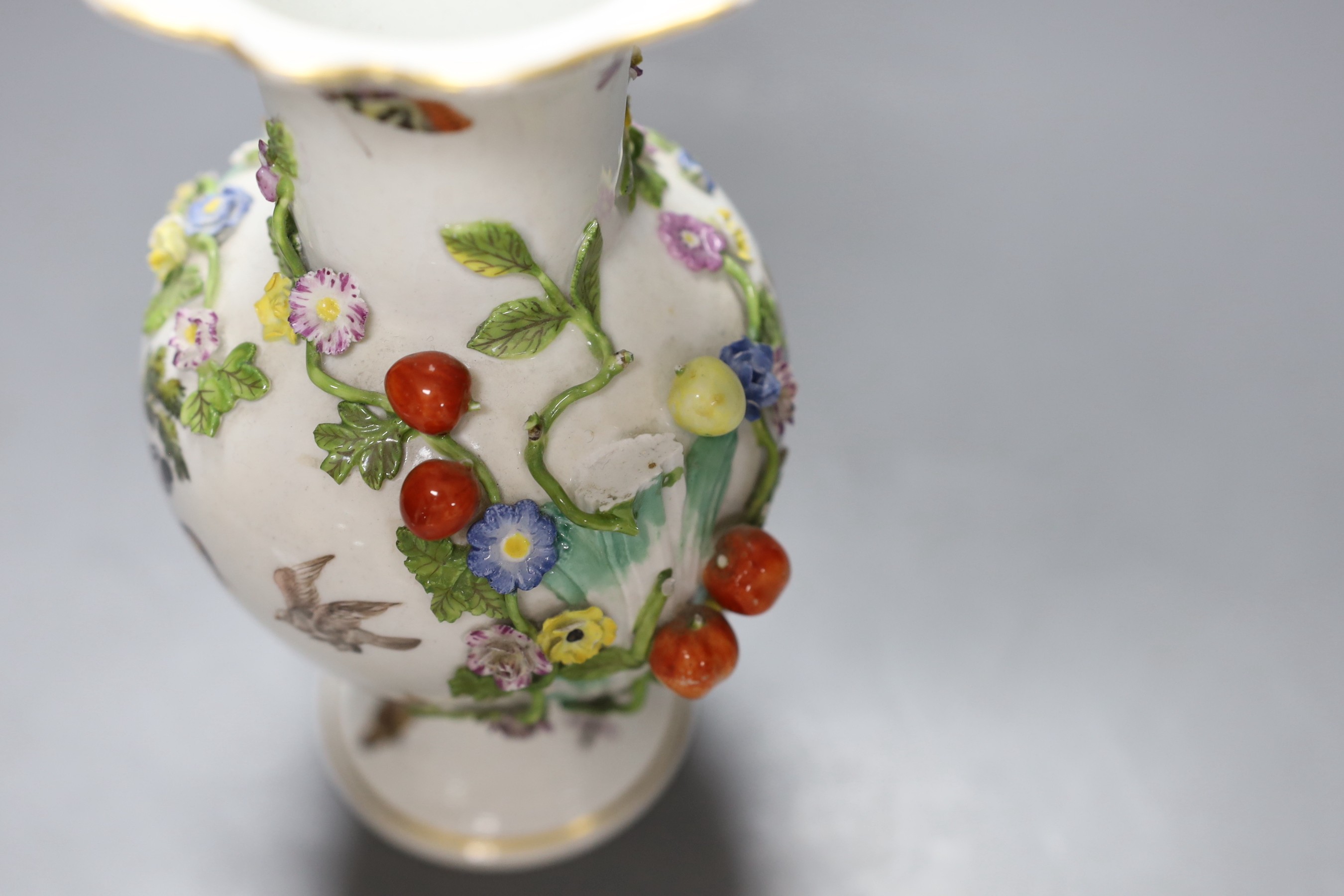 A 19th century Meissen floral encrusted vase decorated with birds and insects, 22cm